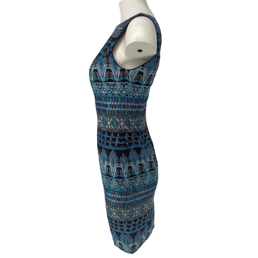 White House Black Market NWT Metallic Embroidered Sheath Dress 2 XS Blue Silver - Picture 2 of 13